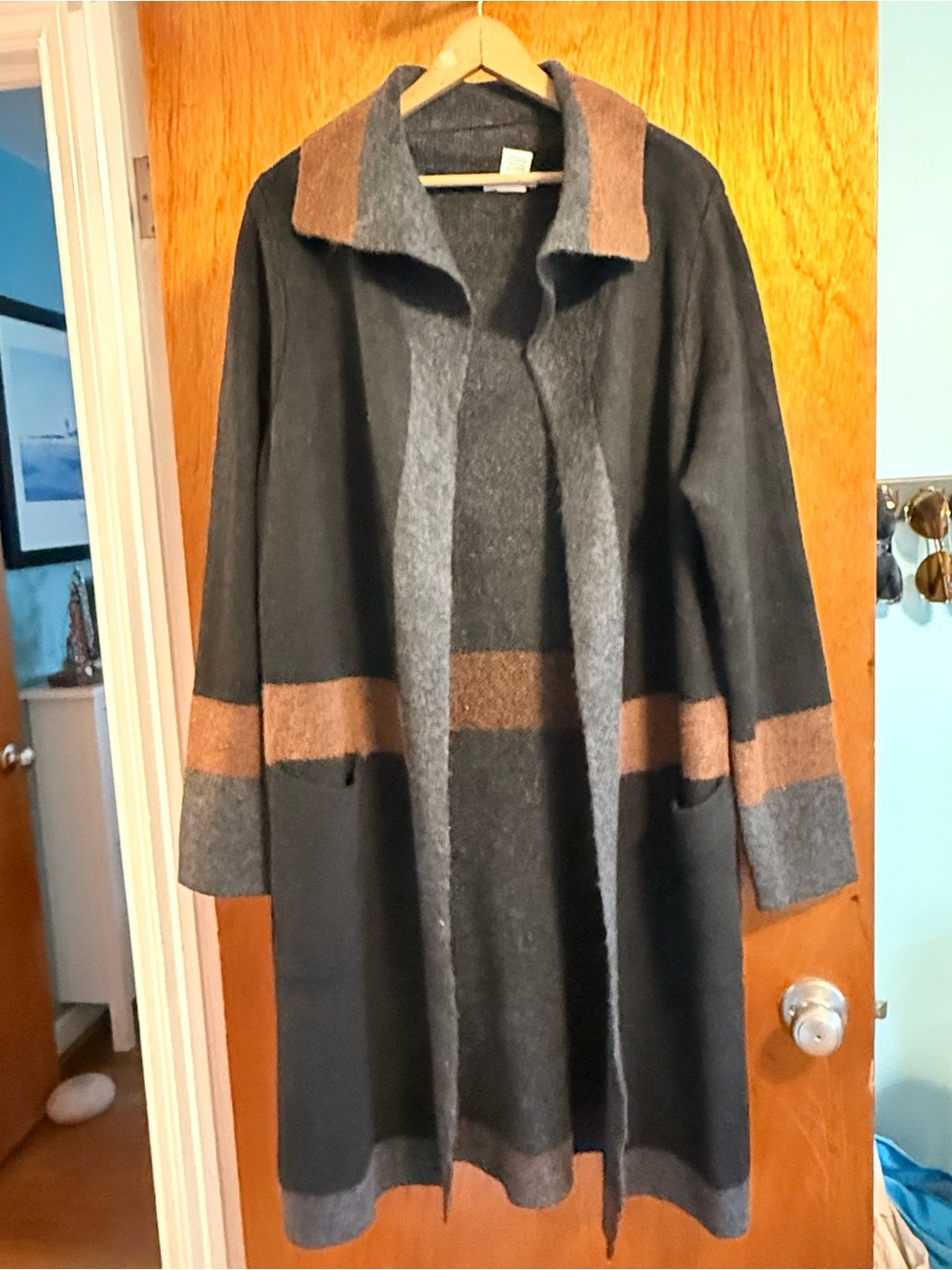 Max StudioWool Blend Long Open Front Coatigan in Charcoal & Brown